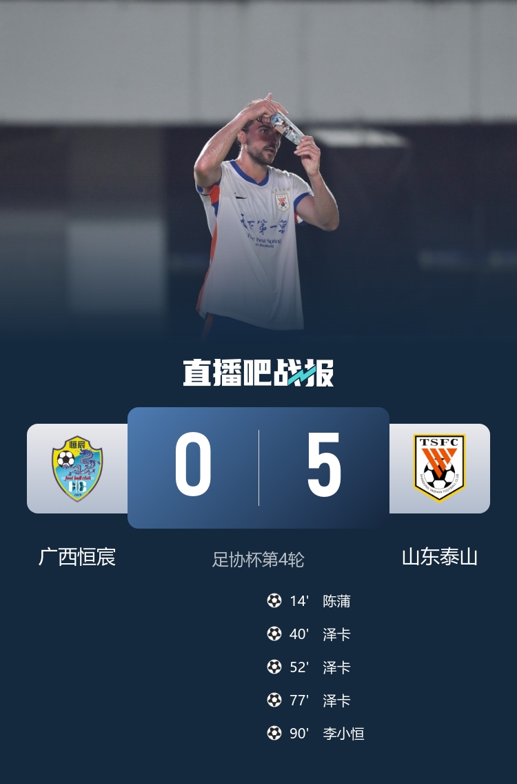 山东泰山5-0淘汰广西恒宸 泽卡帽子戏法+王大雷助攻