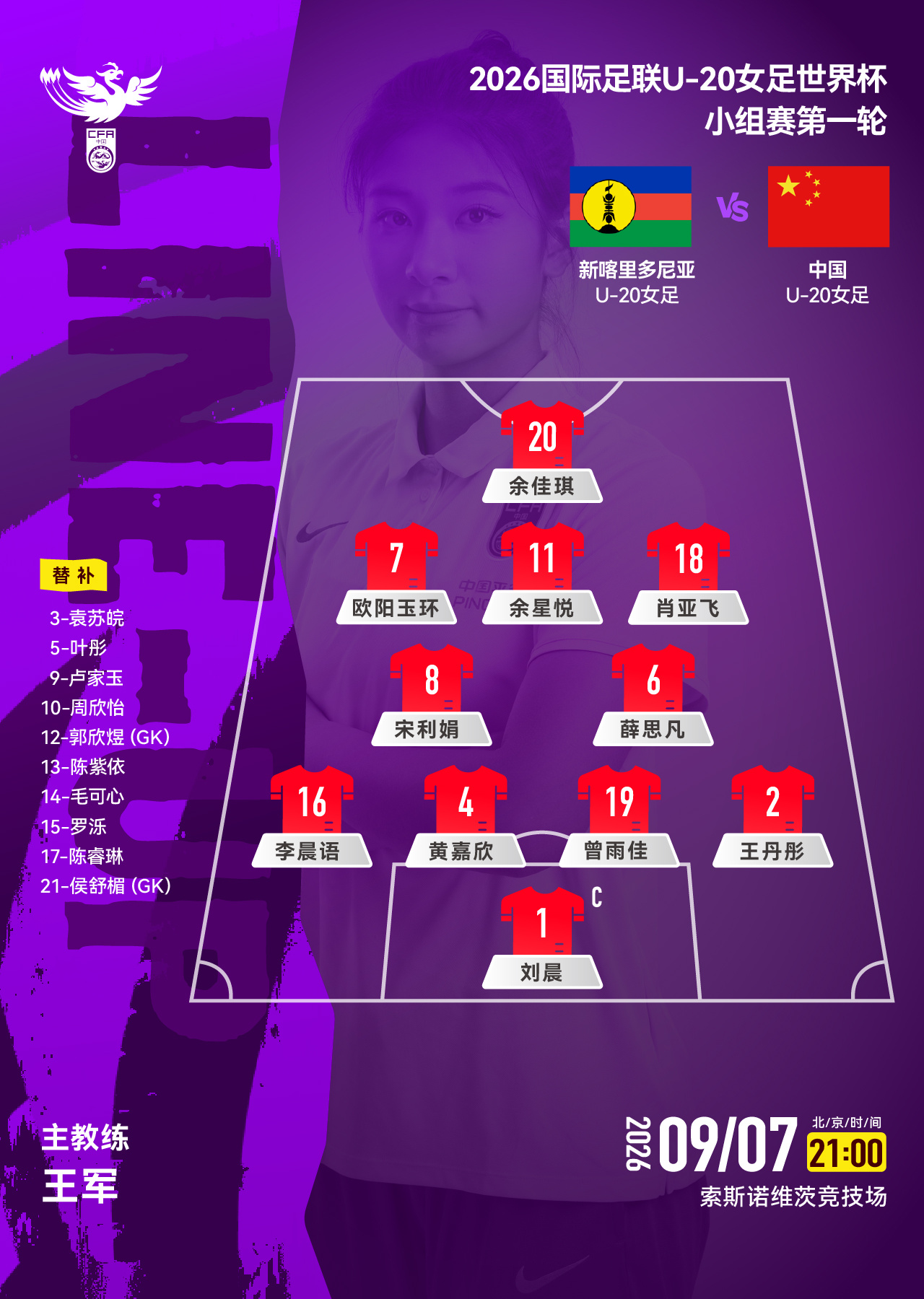 中国U-20女足vs新喀里多尼亚U-20女足,中国队首发阵容公布!